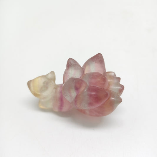 natural rainbow fluorite nine tails fox carving healing 56g