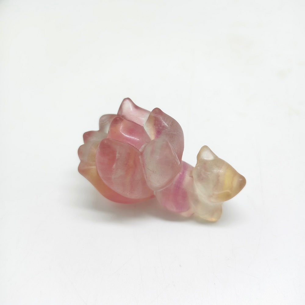 natural rainbow fluorite nine tails fox carving healing 56g