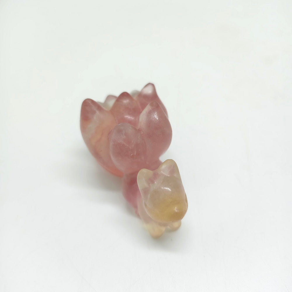 natural rainbow fluorite nine tails fox carving healing 56g