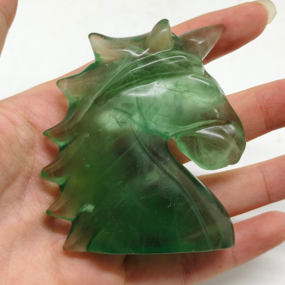 green fluorite unicorn head carving ornaments healing 98.4g