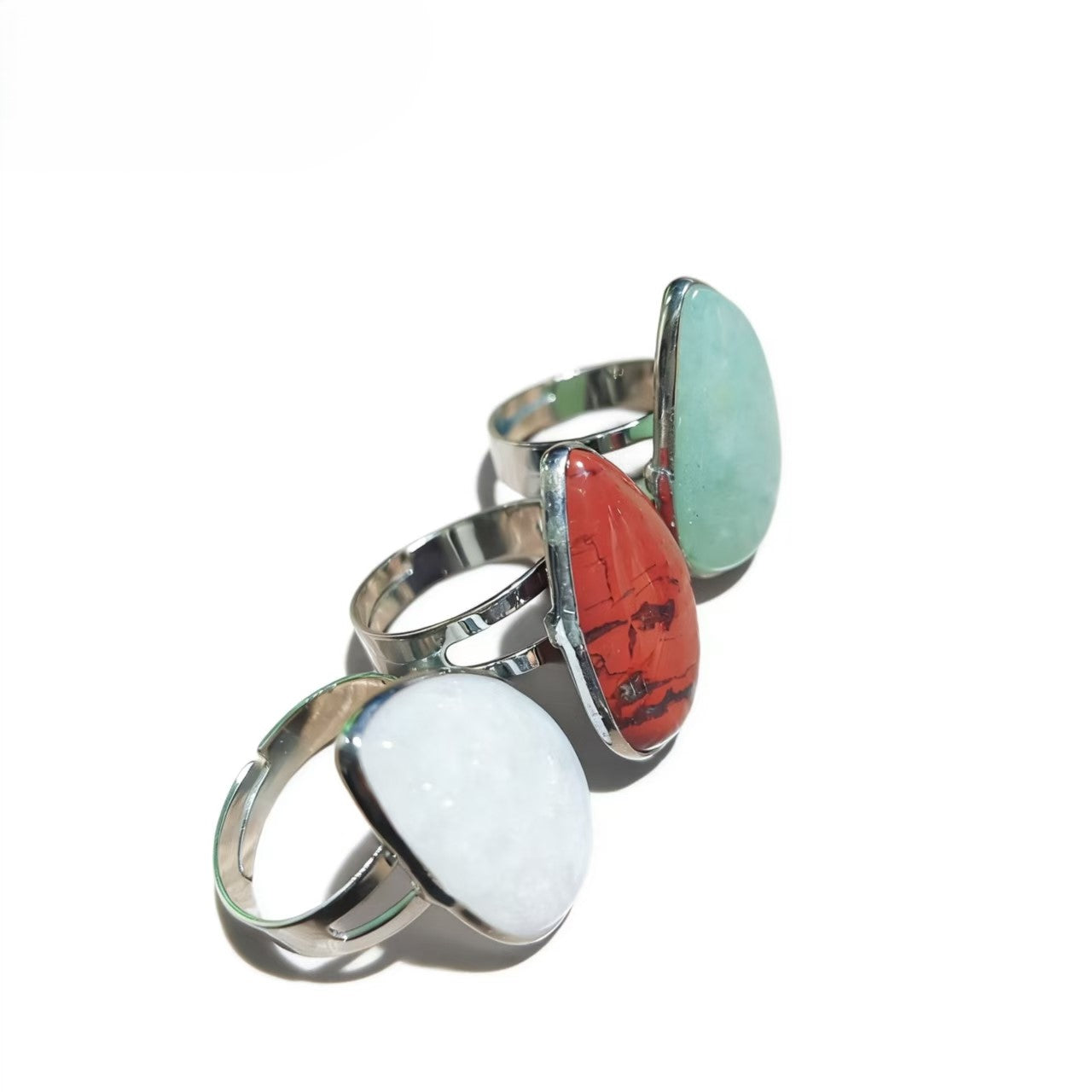 Clear Quartz Red Jsaper And Green Aventurine Water Drop Rings Handmade Silver Plated Jewelry For Women