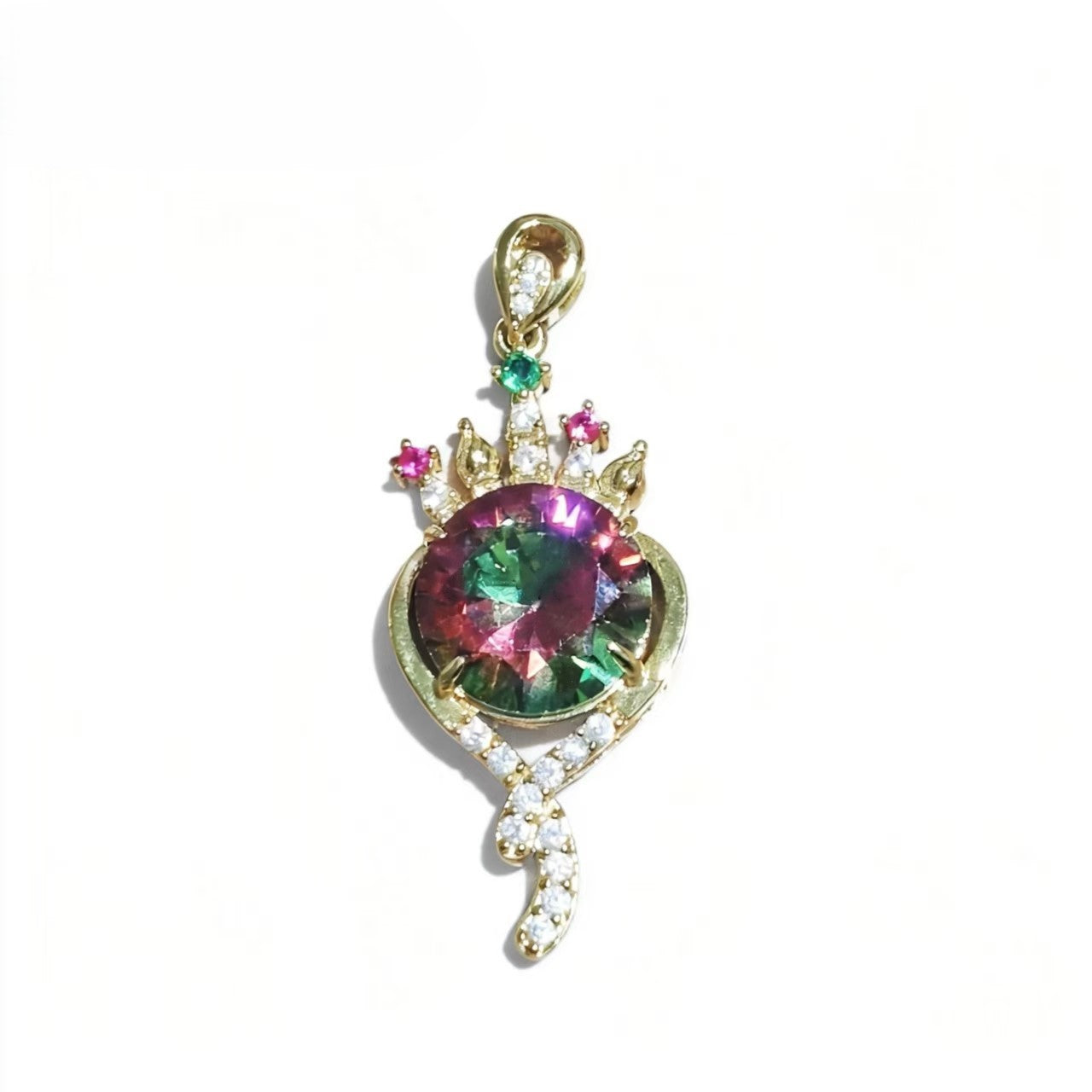 Gold-plated Crown Pendant with Mystic Rainbow Zircon, Micro Pave Zircon Luxury Charm