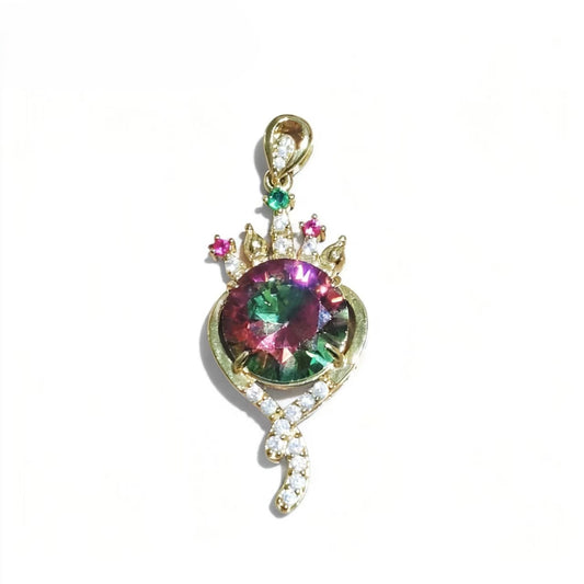 Gold-plated Crown Pendant with Mystic Rainbow Zircon, Micro Pave Zircon Luxury Charm