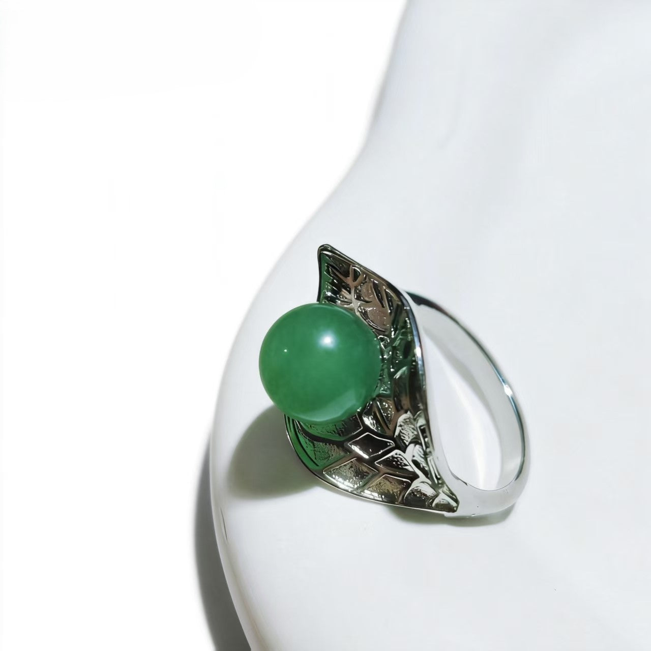 Green Aventurine Bead Rings Silver Plated Carved Jewelry