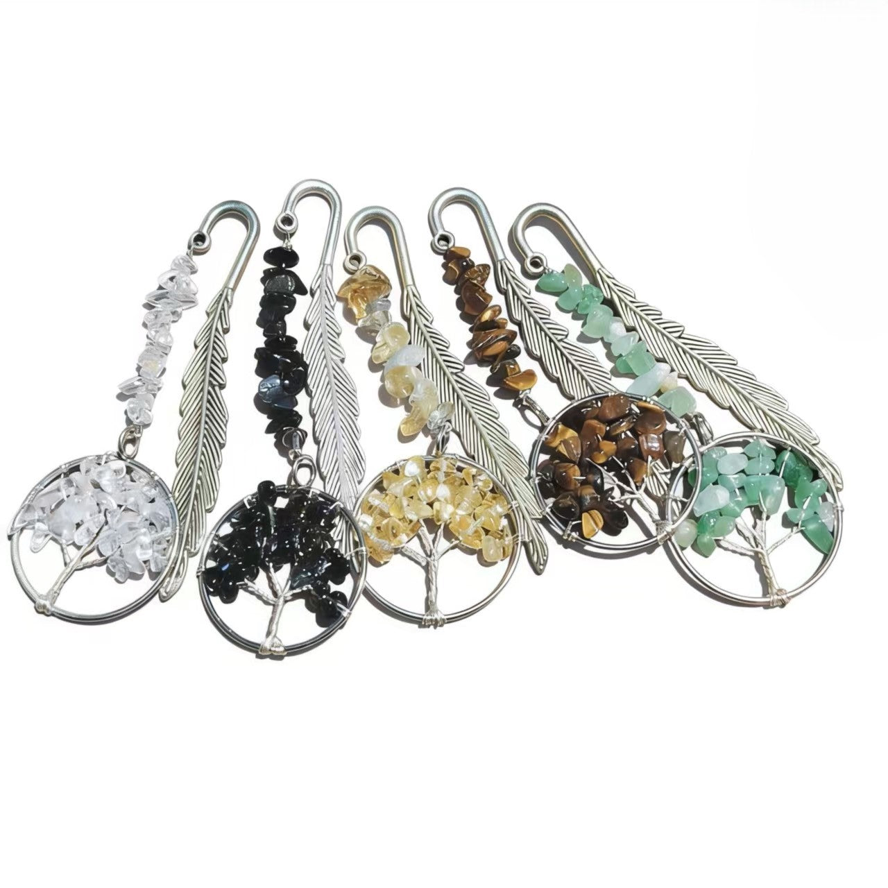 Unique Vintage Metal Feather Bookmarks with 7 Chakra Crystals Healing Stone Beads Life Tree Gifts