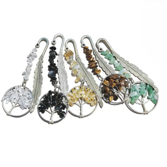Unique Vintage Metal Feather Bookmarks with 7 Chakra Crystals Healing Stone Beads Life Tree Gifts