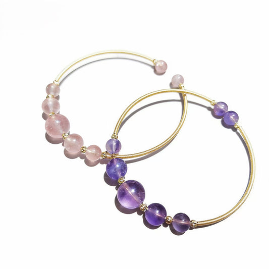 Natural Crystal Wire Wrapped Cuff Bangle Adjustable Size For Women Gold Plated jewelry