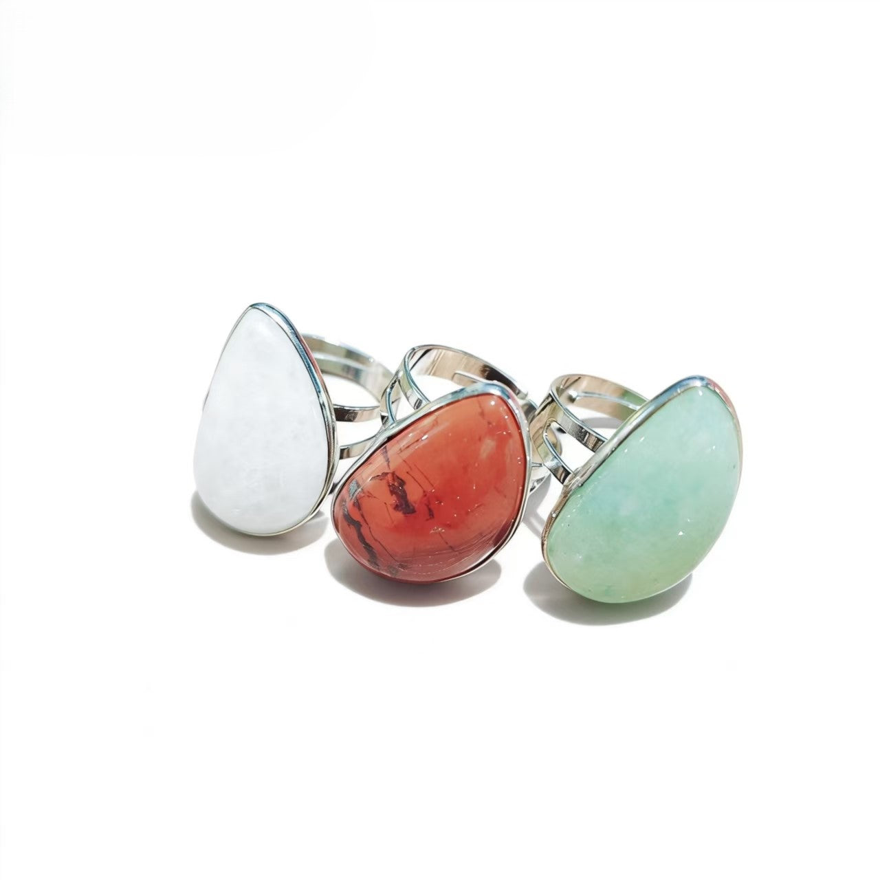 Clear Quartz Red Jsaper And Green Aventurine Water Drop Rings Handmade Silver Plated Jewelry For Women
