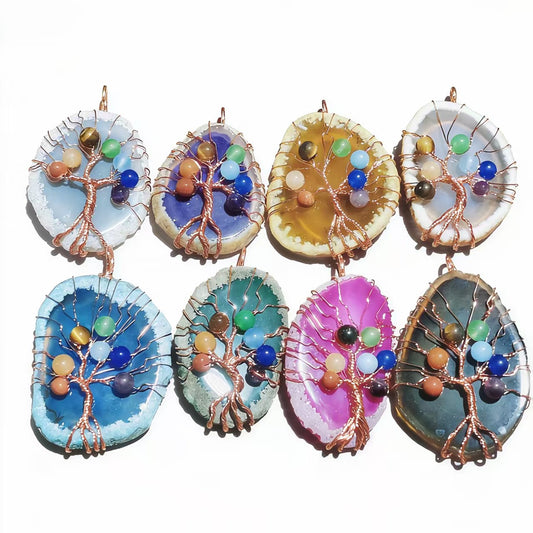 Natural Stone Pendants 7 Chakra Irrgular Agate Tree Of Life Rose Gold Wire Wrap For Jewelry Making Women Necklace