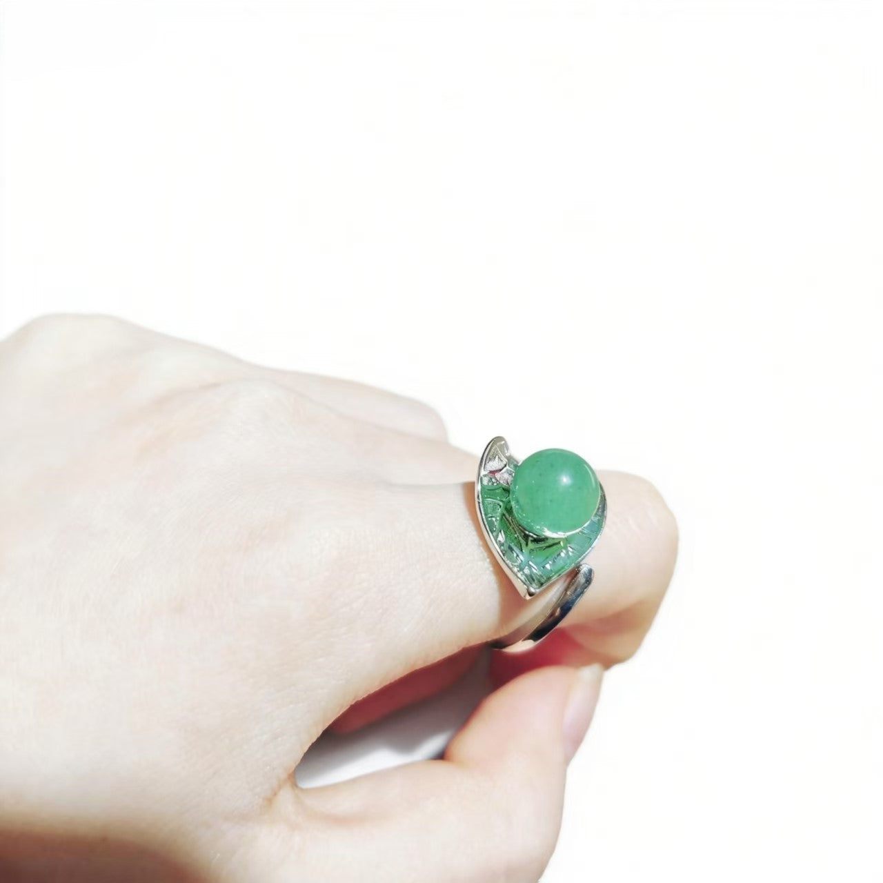 Green Aventurine Bead Rings Silver Plated Carved Jewelry