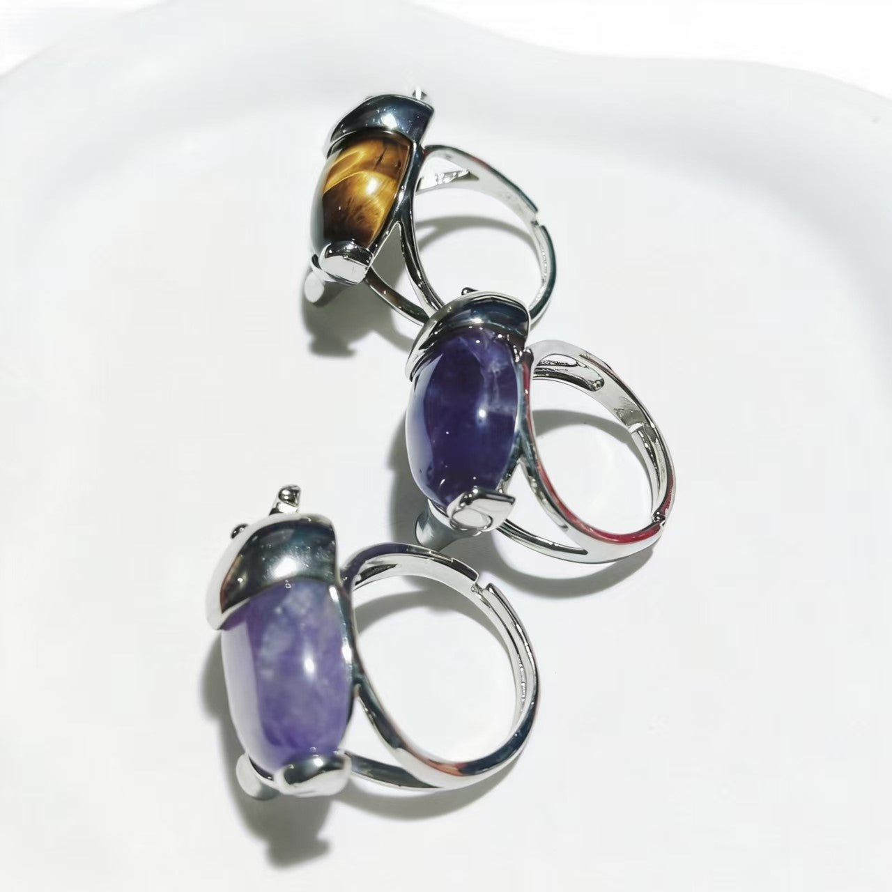 Tiger Eye And Amethyst Elephant Rings Handmade Silver Plated Jewelry For Women