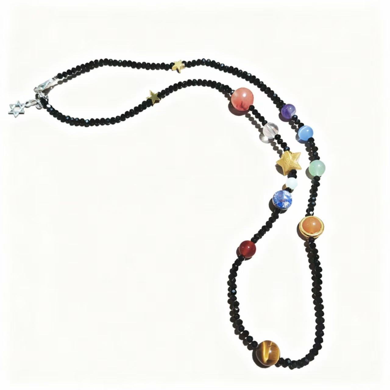 Black Beaded Galaxy Necklace with Mixed Crystal Planet Charms