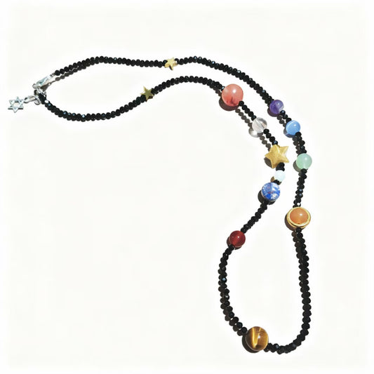 Black Beaded Galaxy Necklace with Mixed Crystal Planet Charms