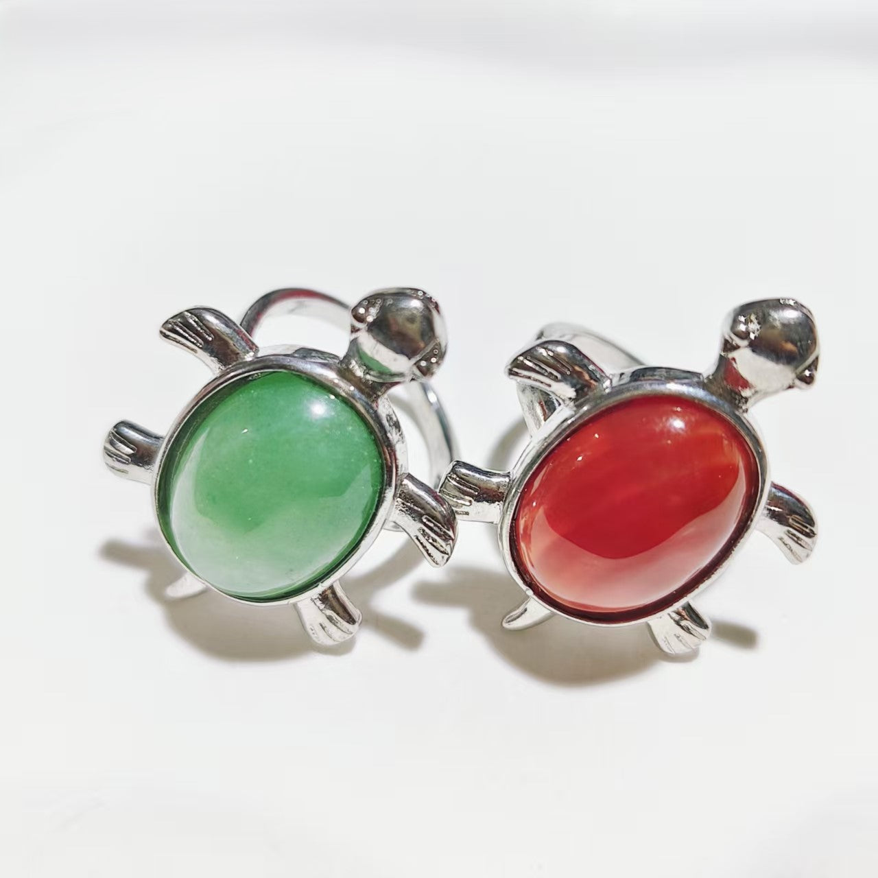 Cute Turtle Shape Fortune Silver Rings Natural Stone Crystal Green Aventurine And Red Jasper Material Fashion Jewelry