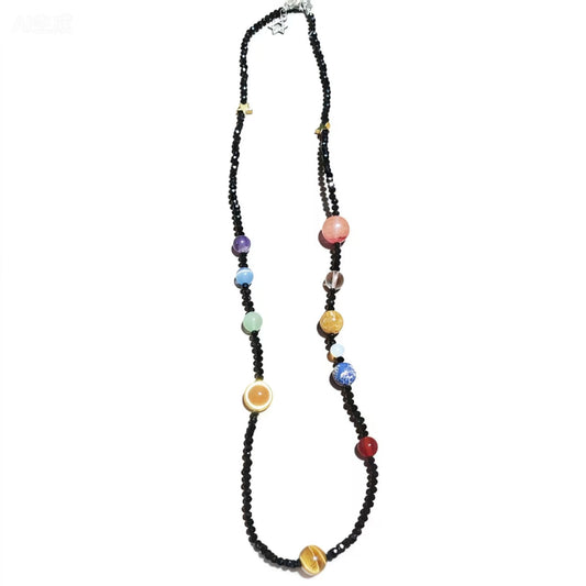 Black Beaded Galaxy Necklace with Mixed Crystal Planet Charms