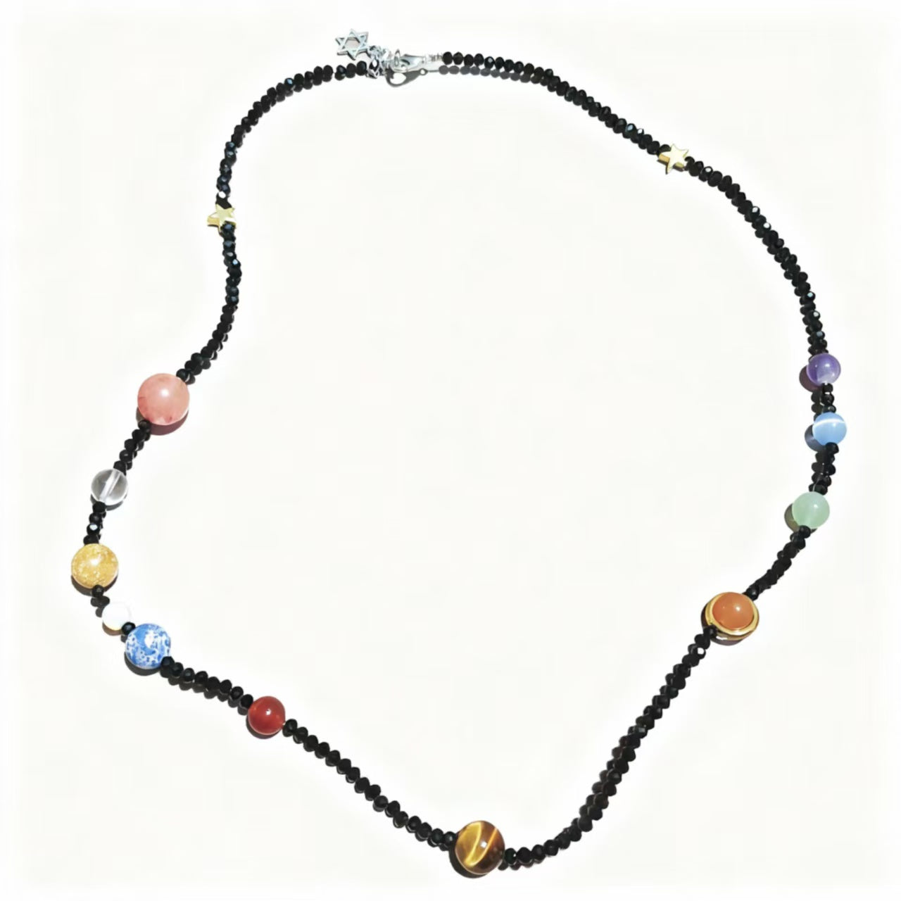Black Beaded Galaxy Necklace with Mixed Crystal Planet Charms
