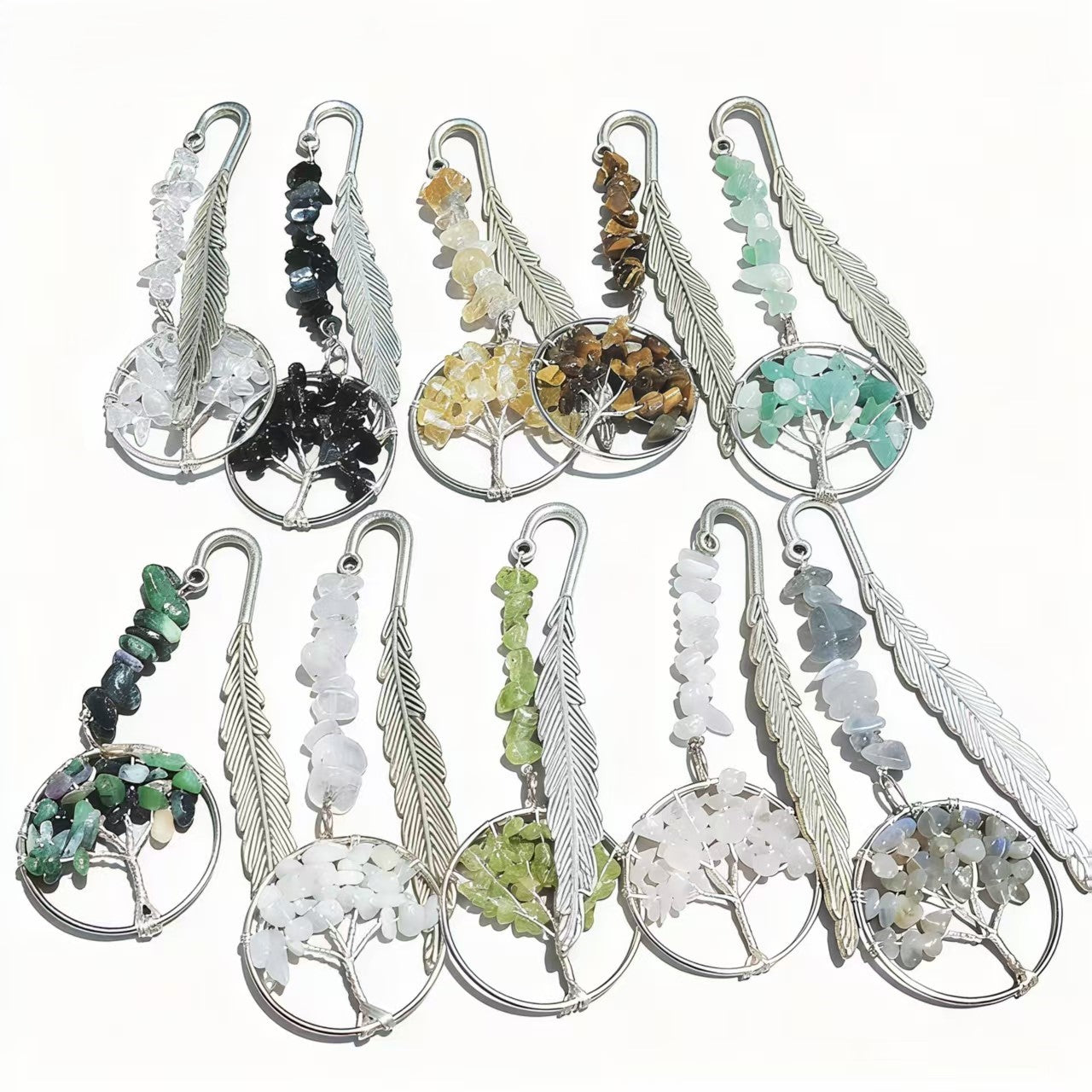 Unique Vintage Metal Feather Bookmarks with 7 Chakra Crystals Healing Stone Beads Life Tree Gifts