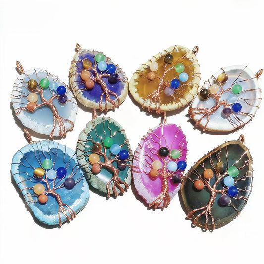Natural Stone Pendants 7 Chakra Irrgular Agate Tree Of Life Rose Gold Wire Wrap For Jewelry Making Women Necklace