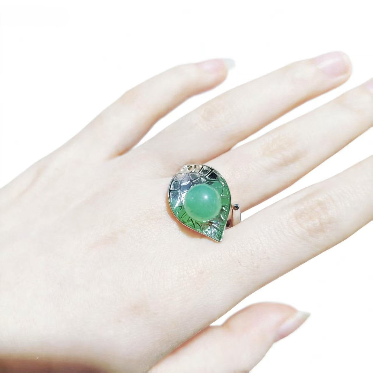 Green Aventurine Bead Rings Silver Plated Carved Jewelry