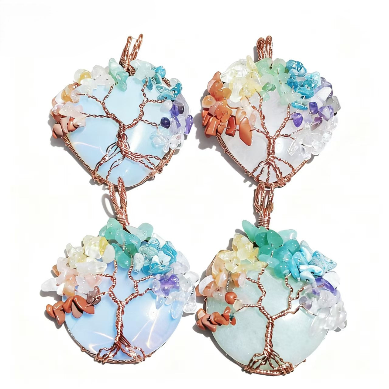 Rose Gold Wire Wrap Crystal Handmade Tree Of Life Heart And Circle Shape Pendants Chain Necklace Women Jewelry