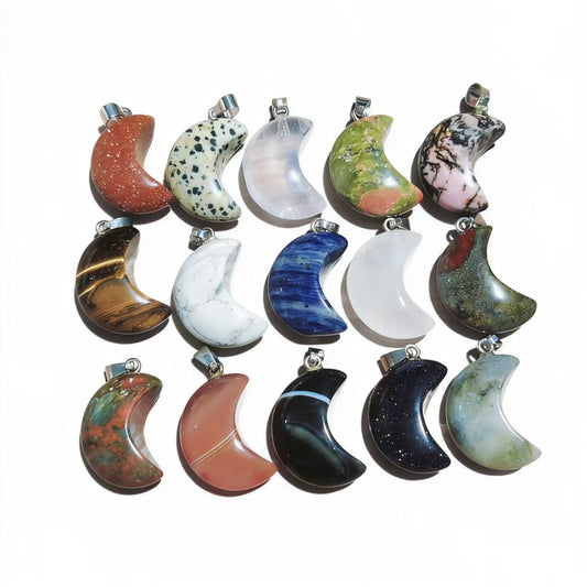 Natural Crystal Moon Pendant, Assorted Gemstone Crescent Charms for Jewelry Making