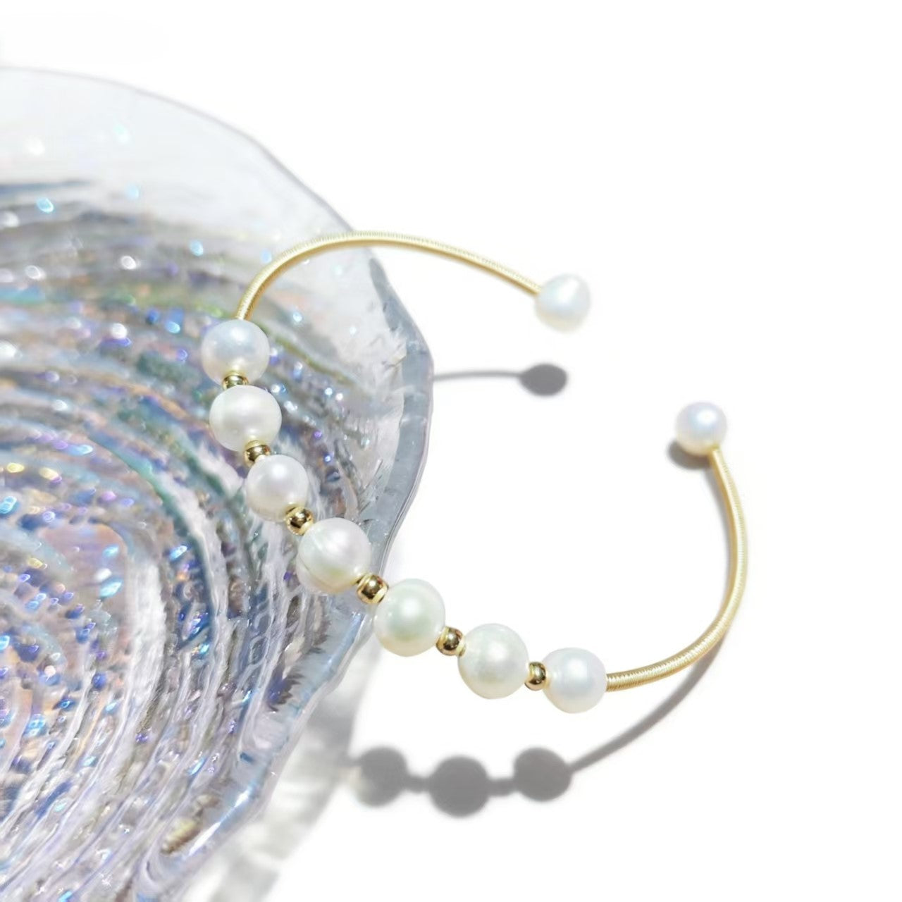 Natural Peral Wire Wrapped Cuff Bangle Adjustable Size For Women Gold Plated jewelry