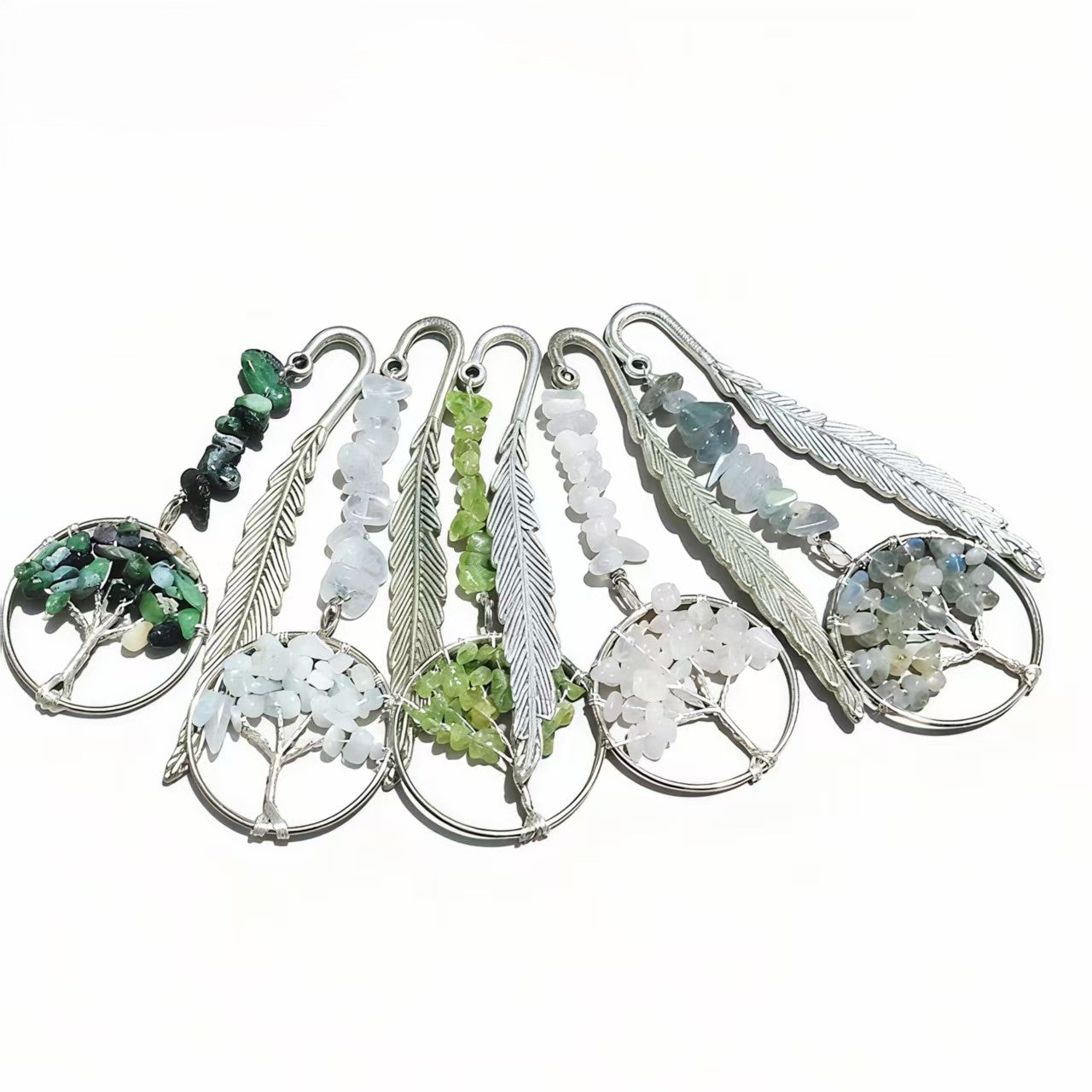 Unique Vintage Metal Feather Bookmarks with 7 Chakra Crystals Healing Stone Beads Life Tree Gifts