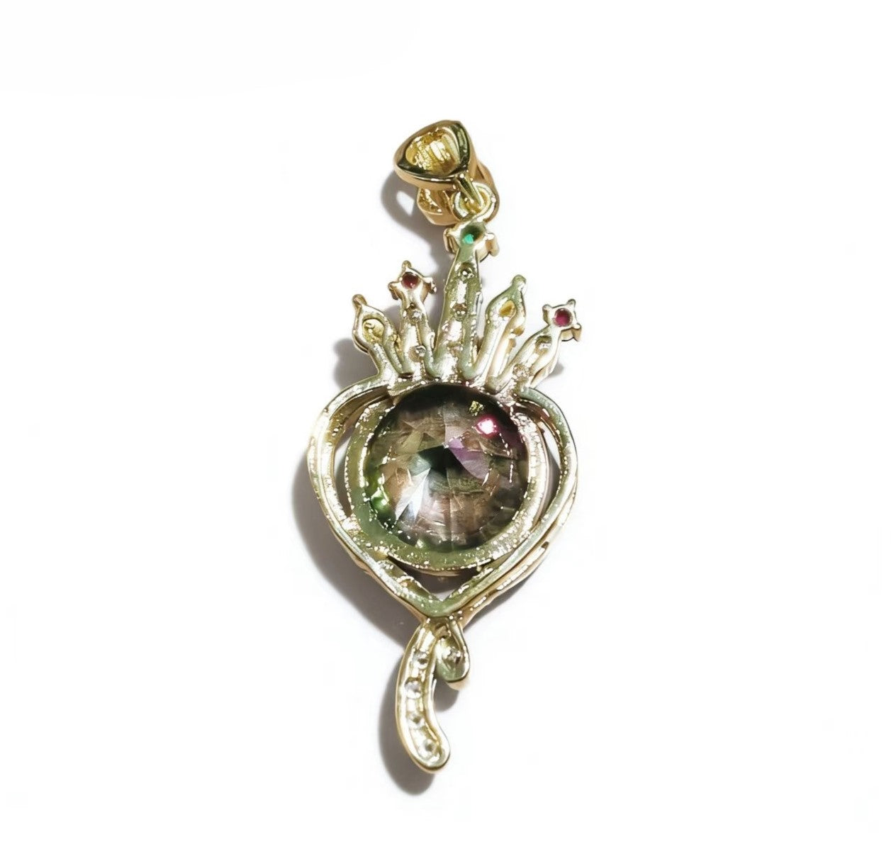 Gold-plated Crown Pendant with Mystic Rainbow Zircon, Micro Pave Zircon Luxury Charm