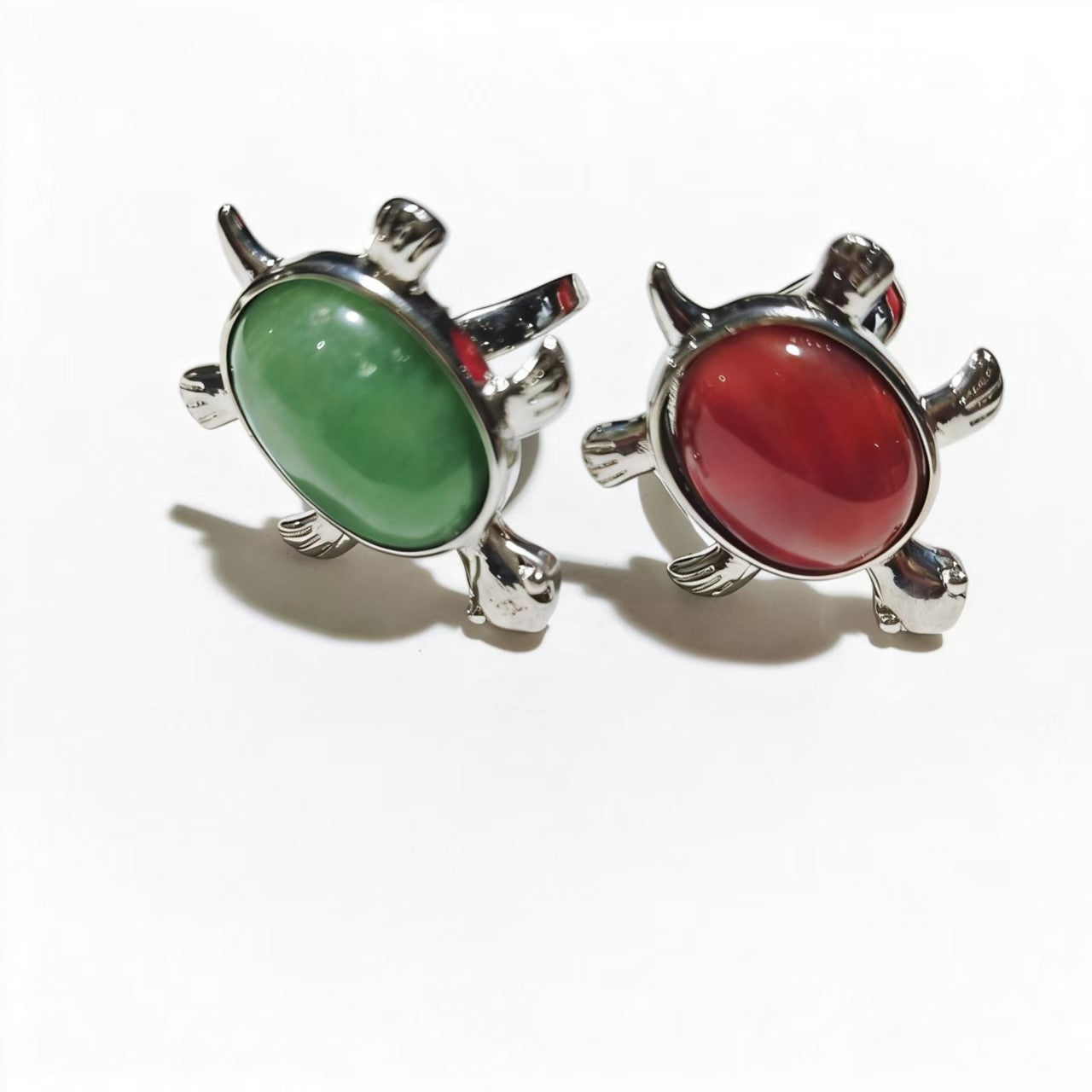 Cute Turtle Shape Fortune Silver Rings Natural Stone Crystal Green Aventurine And Red Jasper Material Fashion Jewelry