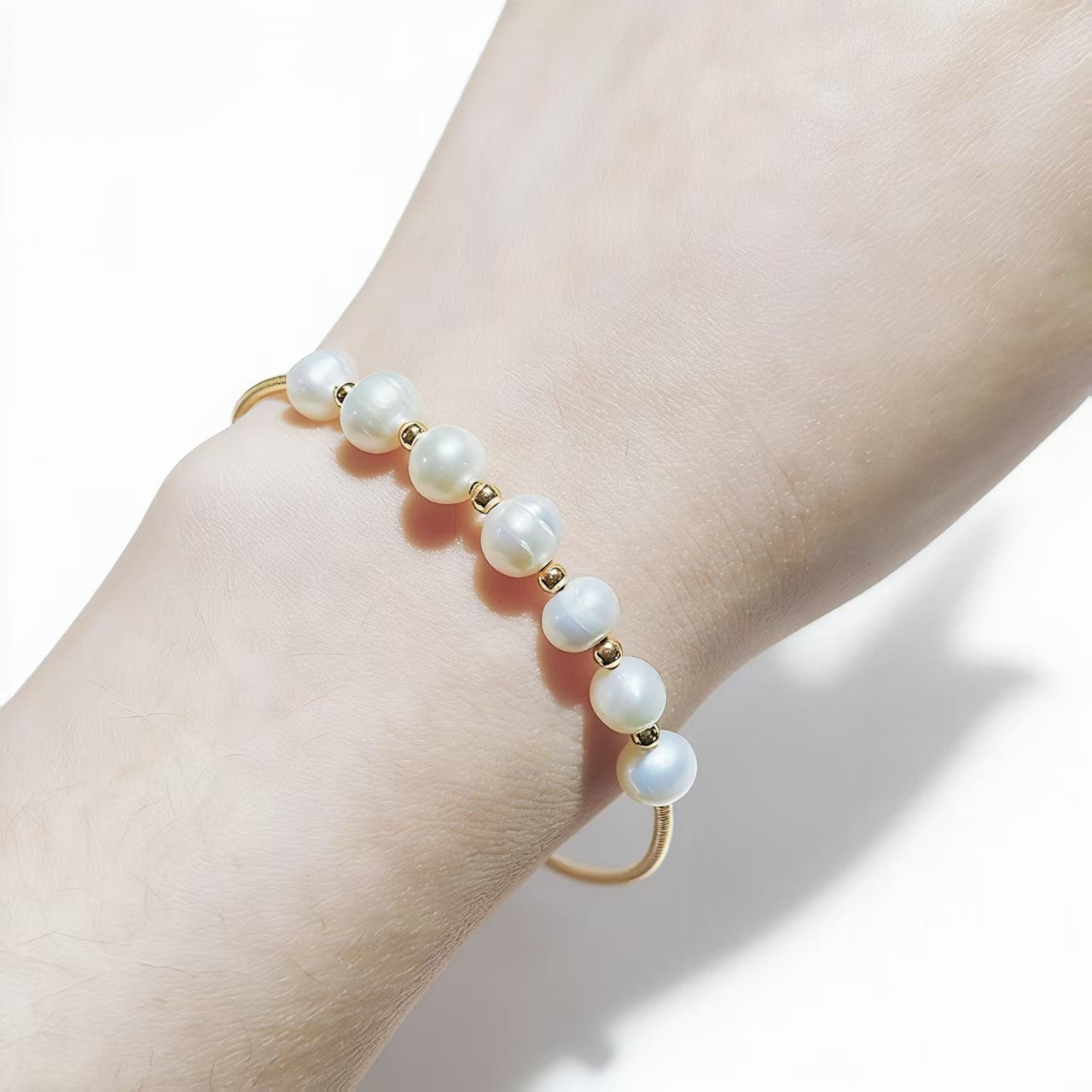 Natural Peral Wire Wrapped Cuff Bangle Adjustable Size For Women Gold Plated jewelry