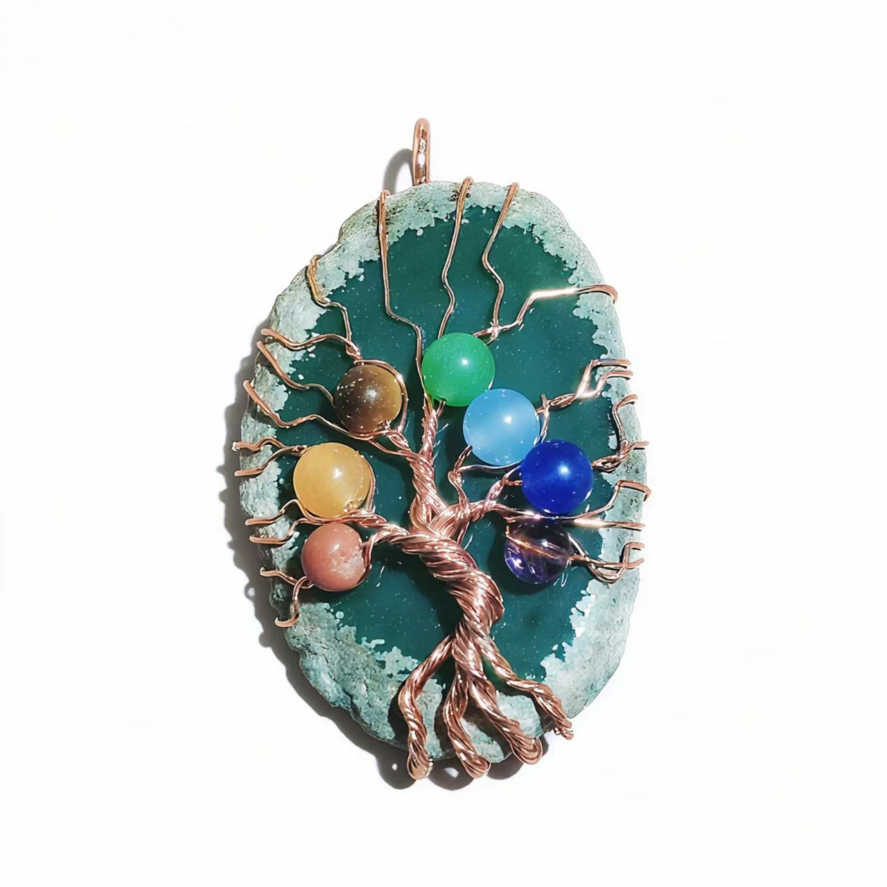 Natural Stone Pendants 7 Chakra Irrgular Agate Tree Of Life Rose Gold Wire Wrap For Jewelry Making Women Necklace