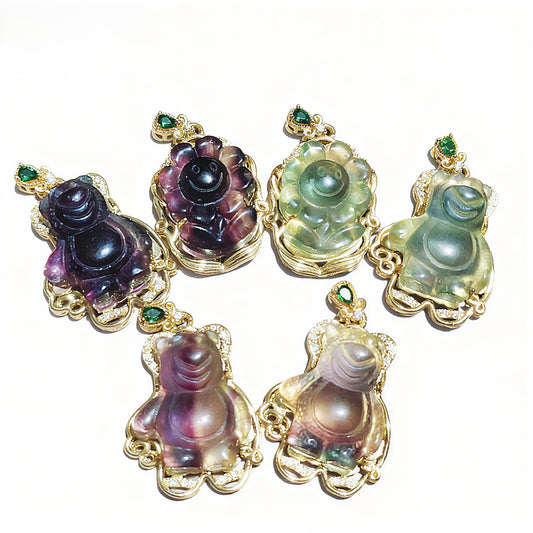 Fluorite Pendants Bear and Flower Shape Golden plated