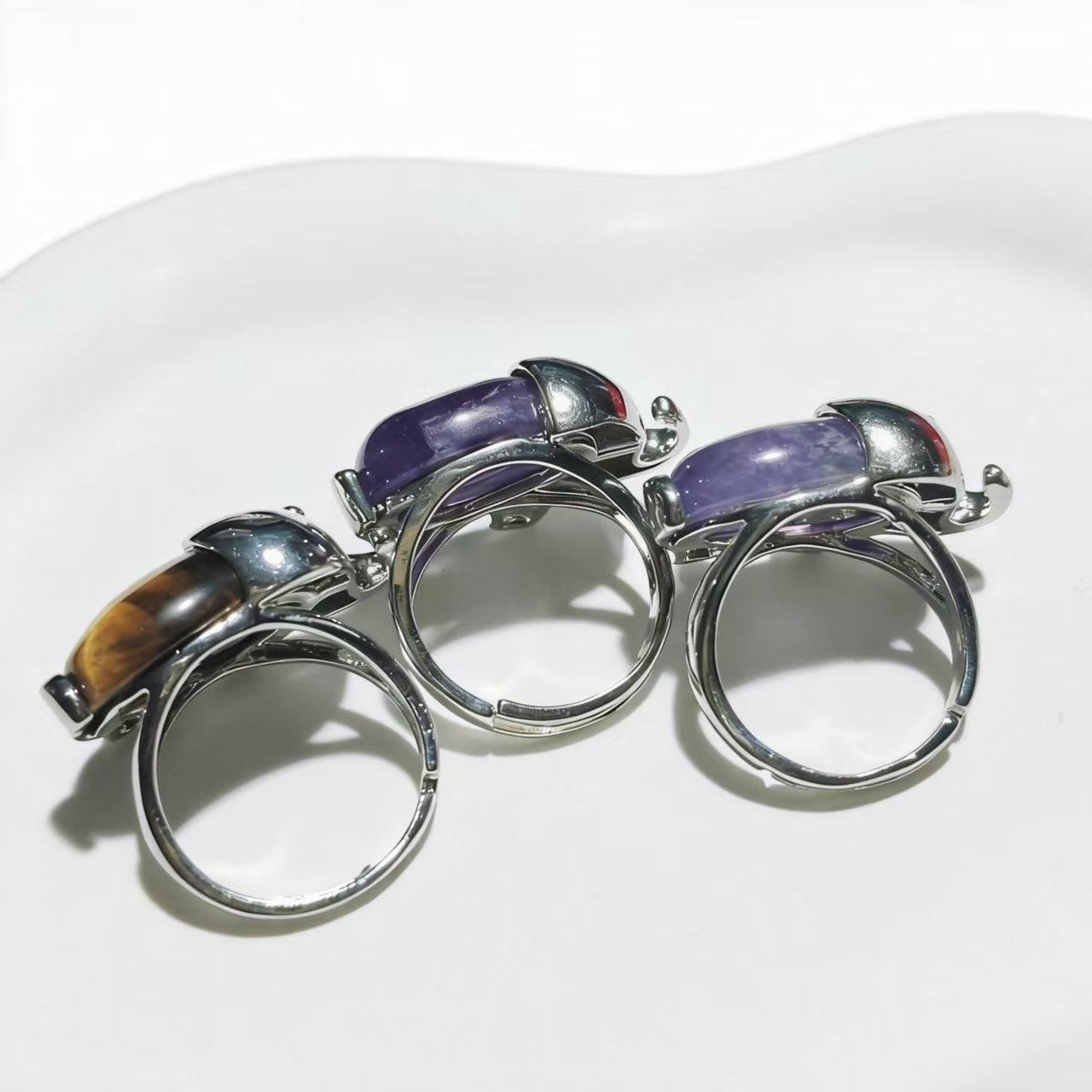 Tiger Eye And Amethyst Elephant Rings Handmade Silver Plated Jewelry For Women