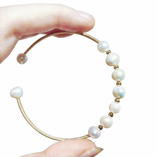 Natural Peral Wire Wrapped Cuff Bangle Adjustable Size For Women Gold Plated jewelry