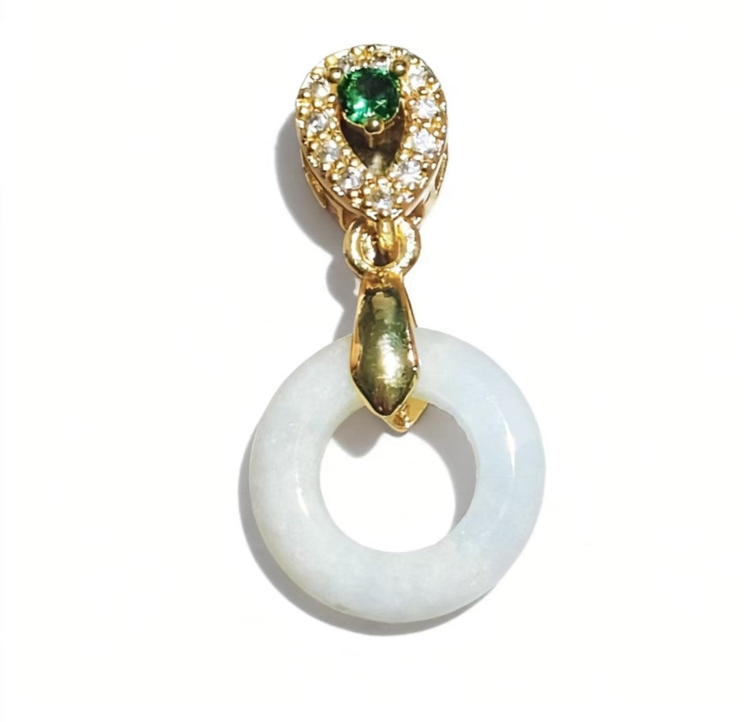 Gold Plated Snake Head Pendant with White Jade Circle and Green Zircon Accent | Luxury Vintage Style Jewelry