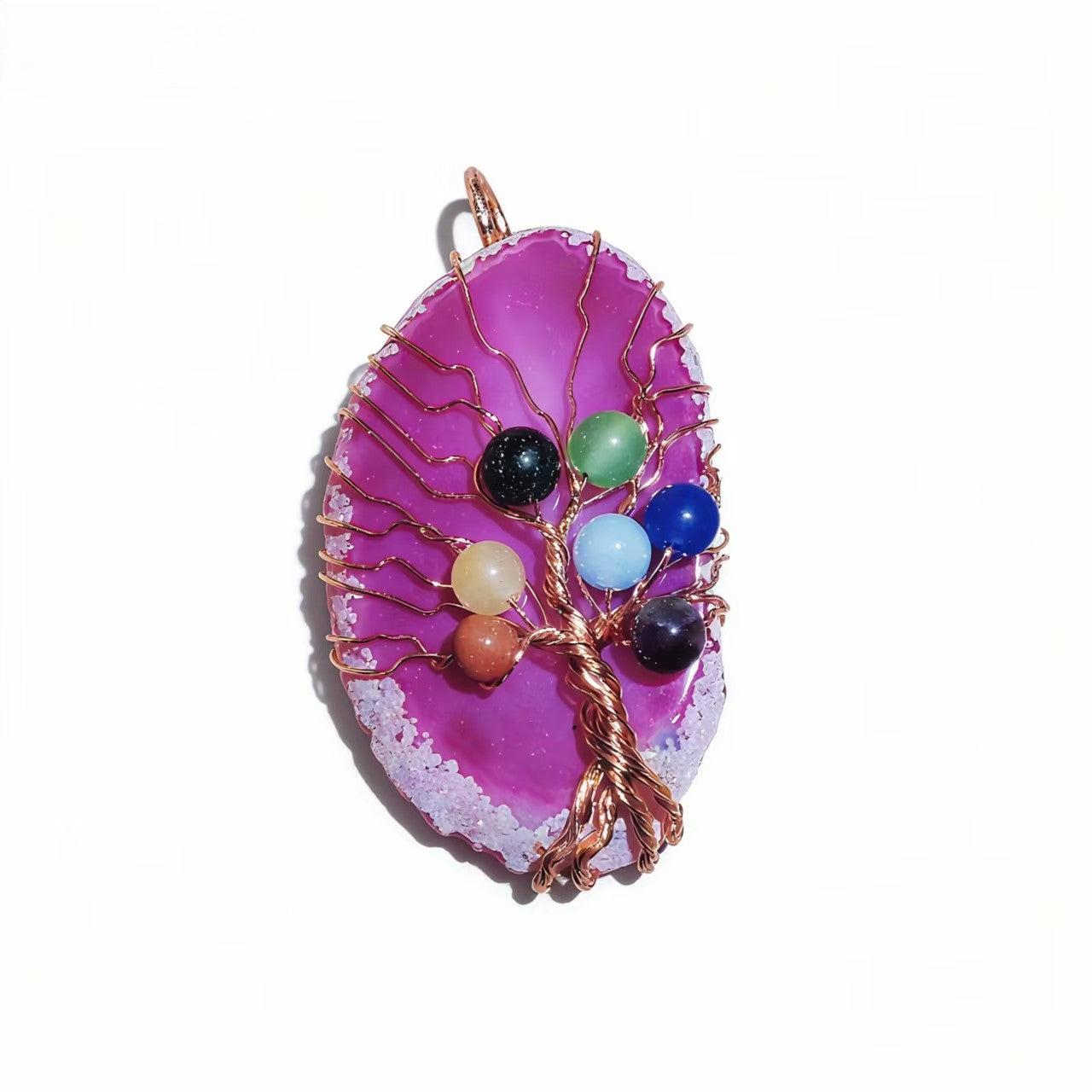 Natural Stone Pendants 7 Chakra Irrgular Agate Tree Of Life Rose Gold Wire Wrap For Jewelry Making Women Necklace