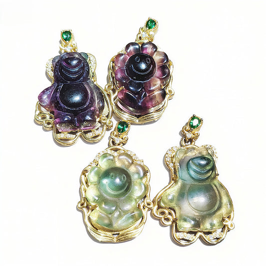Fluorite Pendants Bear and Flower Shape Golden plated