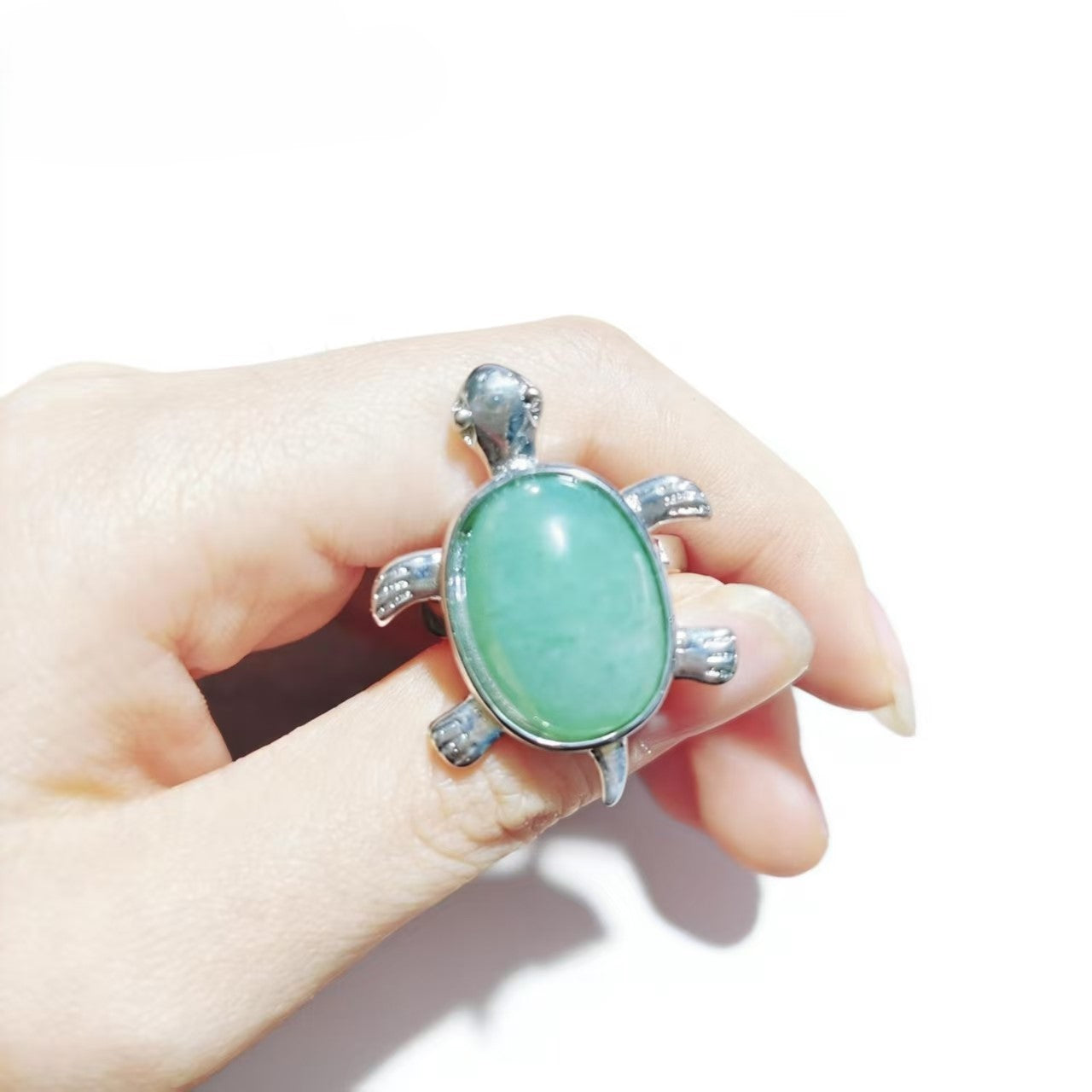 Cute Turtle Shape Fortune Silver Rings Natural Stone Crystal Green Aventurine And Red Jasper Material Fashion Jewelry