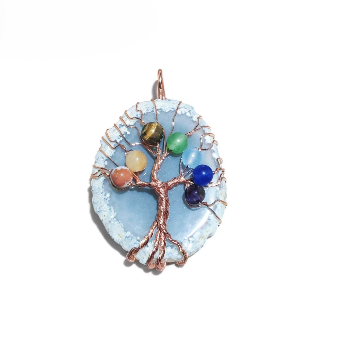 Natural Stone Pendants 7 Chakra Irrgular Agate Tree Of Life Rose Gold Wire Wrap For Jewelry Making Women Necklace