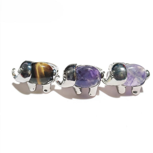 Tiger Eye And Amethyst Elephant Rings Handmade Silver Plated Jewelry For Women
