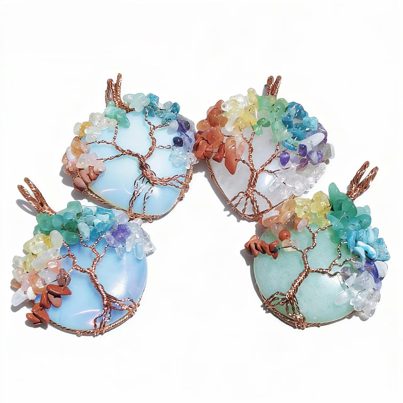 Rose Gold Wire Wrap Crystal Handmade Tree Of Life Heart And Circle Shape Pendants Chain Necklace Women Jewelry