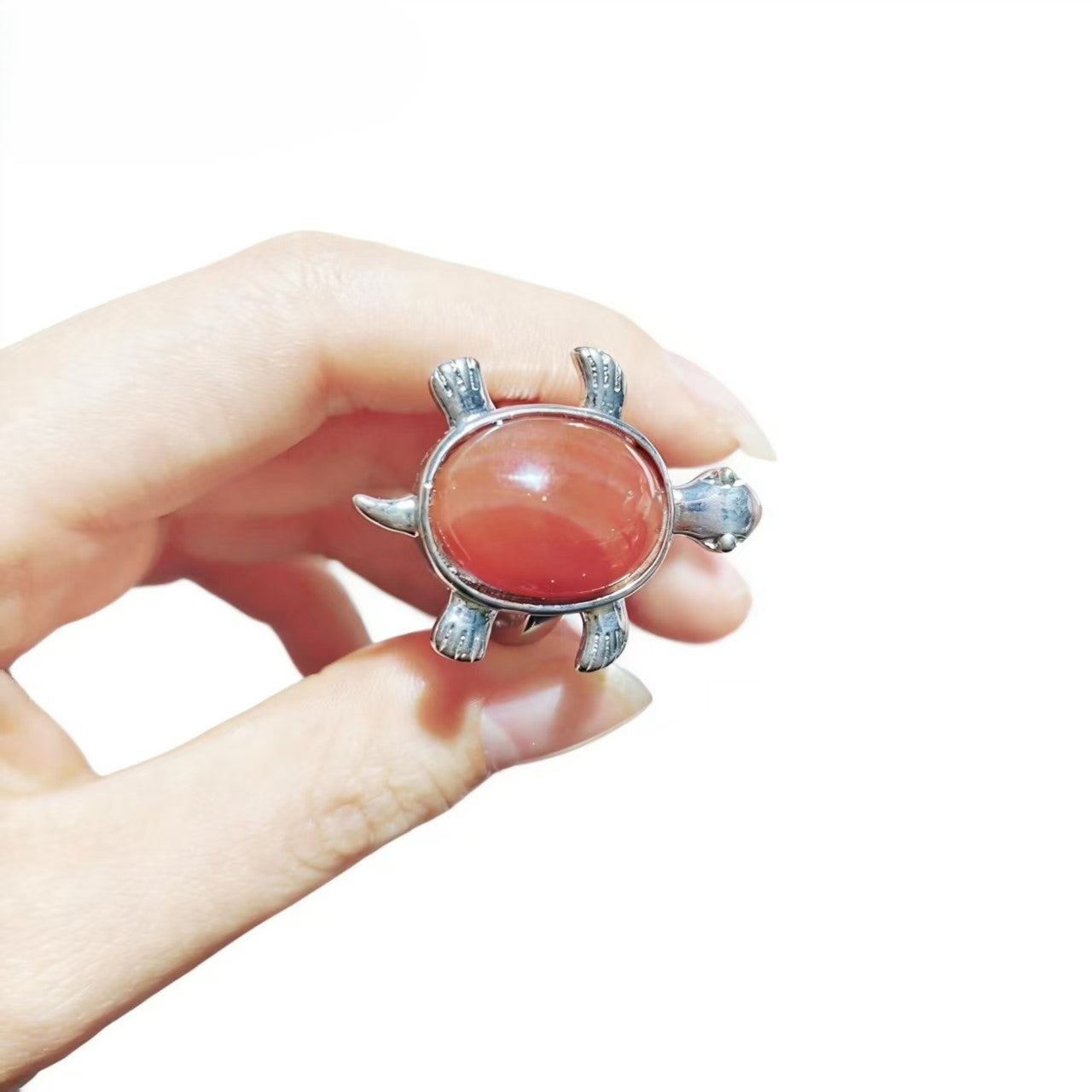 Cute Turtle Shape Fortune Silver Rings Natural Stone Crystal Green Aventurine And Red Jasper Material Fashion Jewelry
