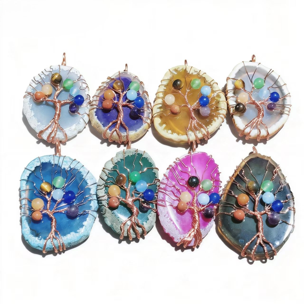 Natural Stone Pendants 7 Chakra Irrgular Agate Tree Of Life Rose Gold Wire Wrap For Jewelry Making Women Necklace