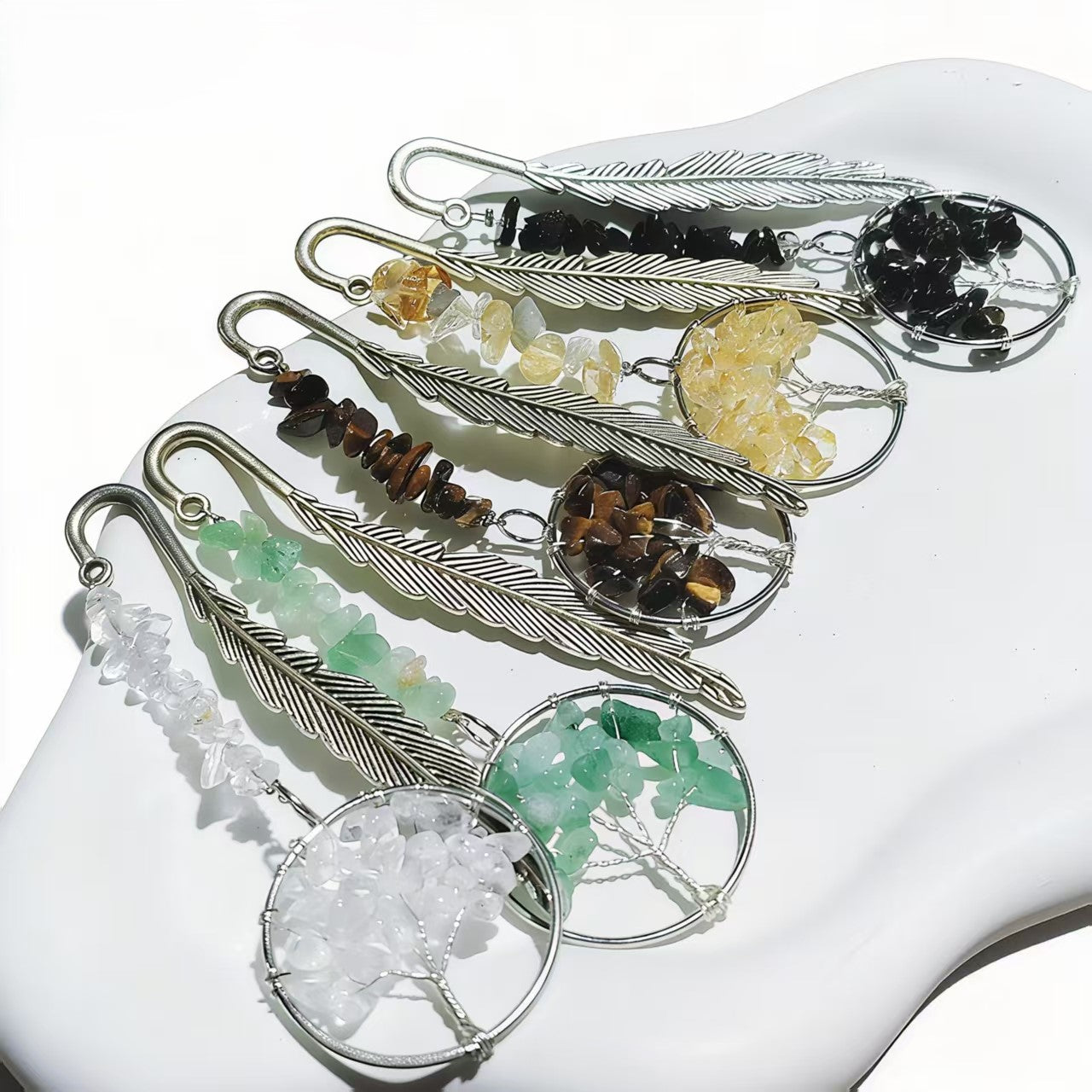 Unique Vintage Metal Feather Bookmarks with 7 Chakra Crystals Healing Stone Beads Life Tree Gifts