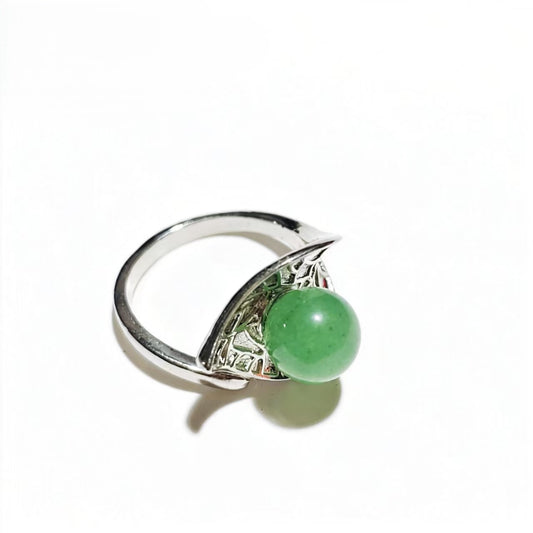 Green Aventurine Bead Rings Silver Plated Carved Jewelry