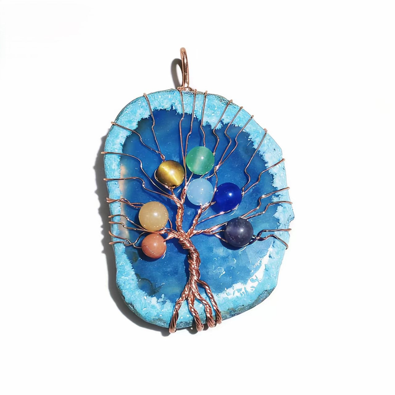 Natural Stone Pendants 7 Chakra Irrgular Agate Tree Of Life Rose Gold Wire Wrap For Jewelry Making Women Necklace