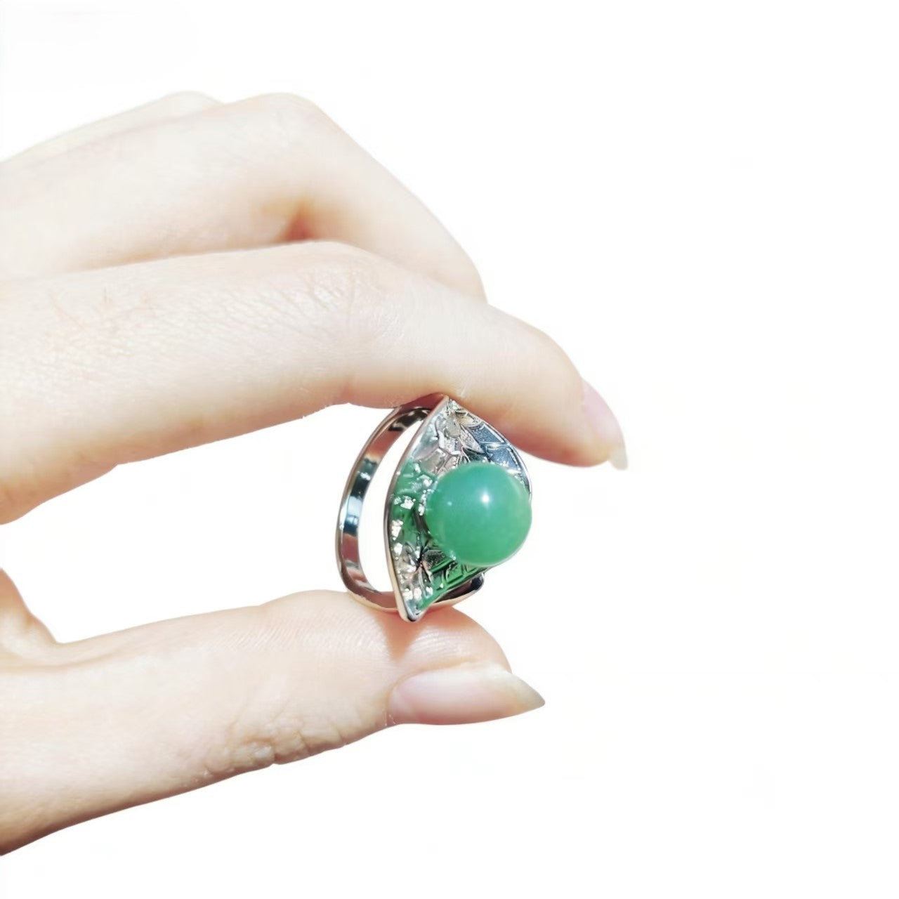 Green Aventurine Bead Rings Silver Plated Carved Jewelry