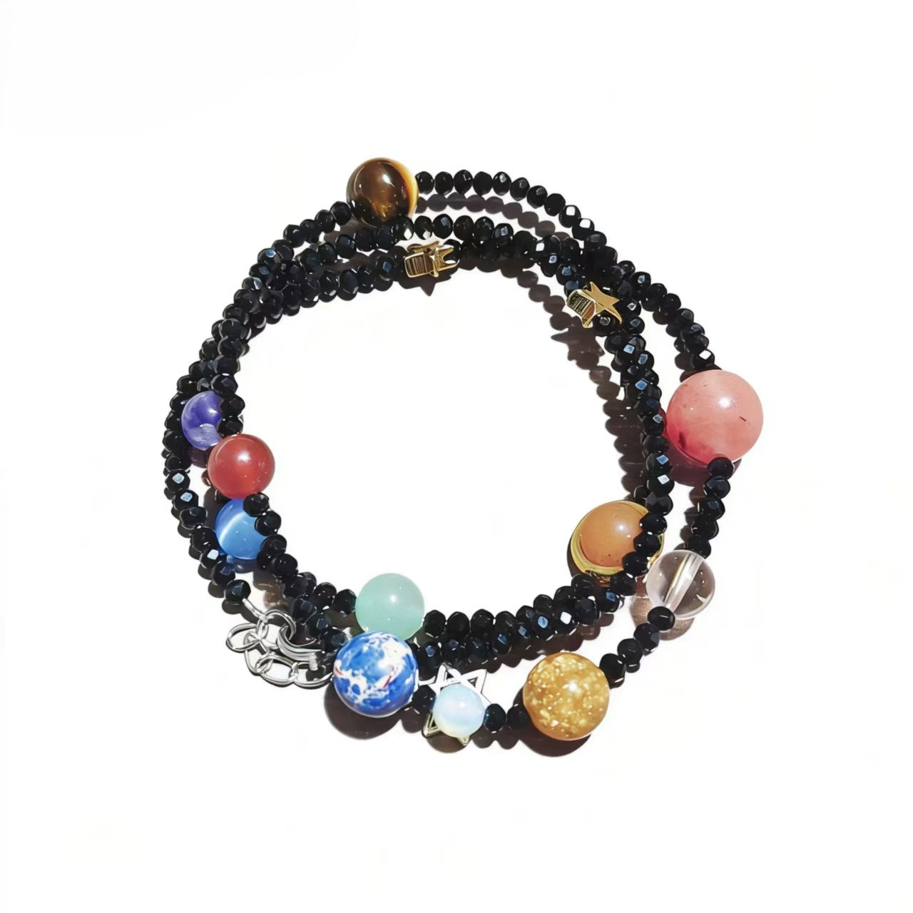 Black Beaded Galaxy Necklace with Mixed Crystal Planet Charms