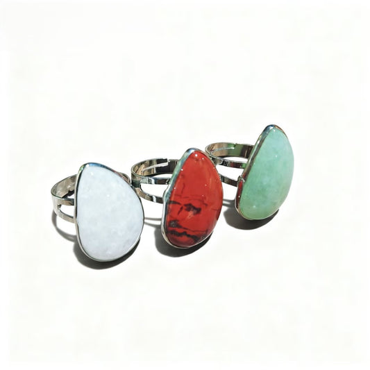 Clear Quartz Red Jsaper And Green Aventurine Water Drop Rings Handmade Silver Plated Jewelry For Women