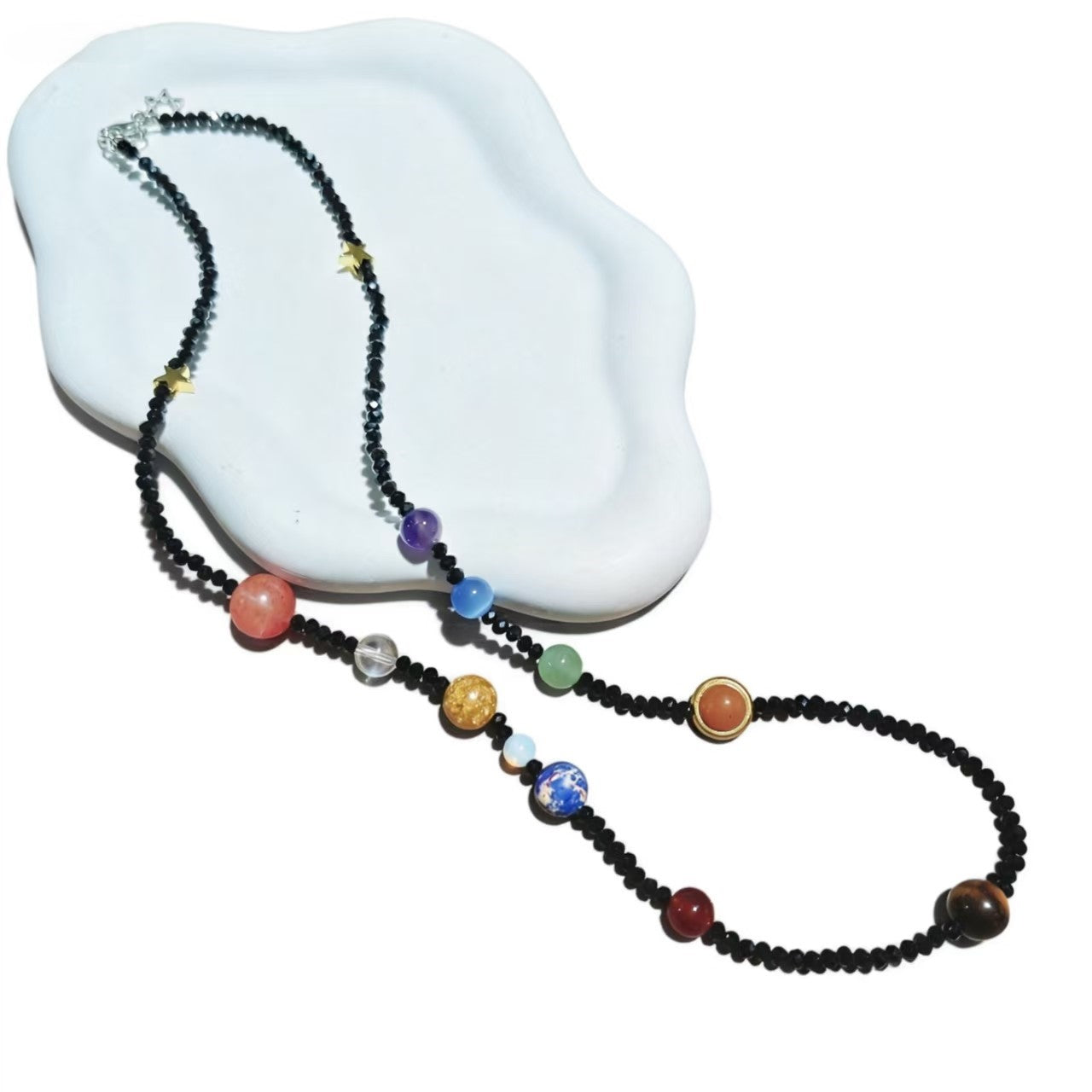 Black Beaded Galaxy Necklace with Mixed Crystal Planet Charms